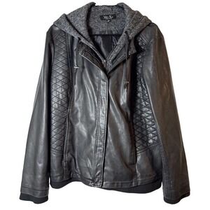 No-KA‎ Santa Fe Faux Leather Moto Jacket Hooded Quilted Black Women's XXL